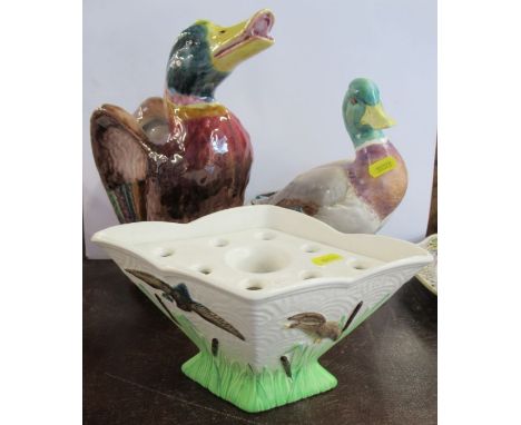 A diamond shaped rose bowl, decorated with ducks, together with a jug modelled as a duck and a duck model