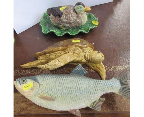 Pen-Y-Bryn ceramics, a model of a fish and a turtle, together with a Portuguese tureen modelled as a duck&nbsp;