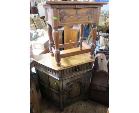 An oak credenza style side cabinet, with carved decoration, width 34ins, height 31ins, together with a carved box stool and a