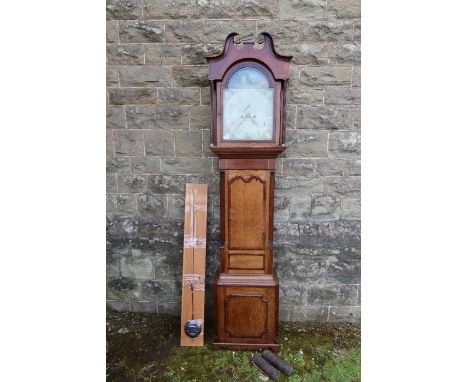 An Antique oak longcase clock, having painted dial with second hand sweep, the arch dial decorated with stately house, the di