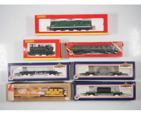 A mixed group of OO gauge locomotives and rolling stock by HORNBY, BACHMANN and LIMA including a HORNBY class 73 in BR green 