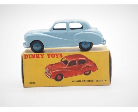 A DINKY No  40j Austin Somerset Saloon light blue, mid-blue ridged hubs - overall VG but some areas of discoloration in G box