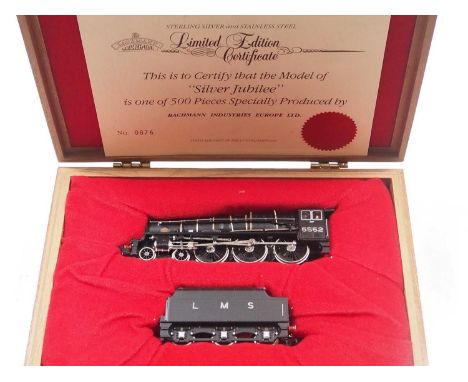 A BACHMANN OO gauge 31-150 limited edition Jubilee class steam locomotive in LMS black "Silver Jubilee" with sterling silver 