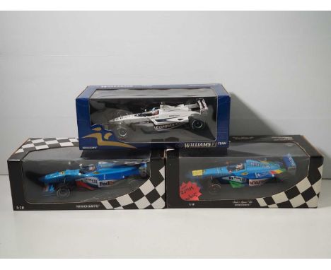 A group of MINICHAMPS 1:18 scale Formula 1 diecast racing cars comprising Benneton / Alexander Wurz x 2 (both signed, one to 