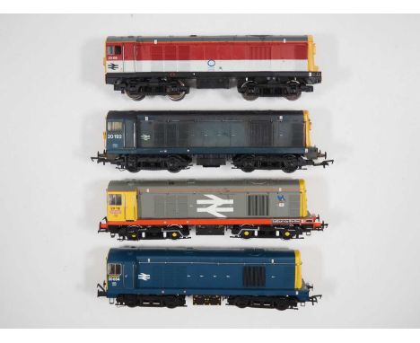 A group of OO gauge class 20 diesel locomotives by BACHMANN and HORNBY in various liveries, one noted as DCC Sound fitted, on