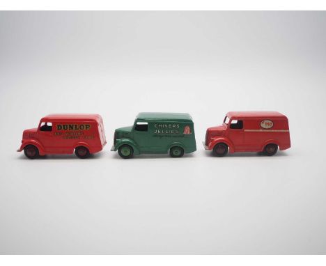 A group of unboxed DINKY toys Trojan vans comprising  31b (451) 'Dunlop The World Master Tyre'; 31c (452) Chivers Jellies; 31