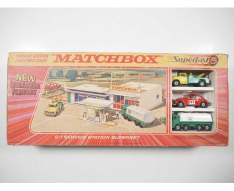 A MATCHBOX G1 Service Station Superset, Superfast variant, set includes No 15d VW Beetle, No 32c Leyland Petrol Tanker BP and