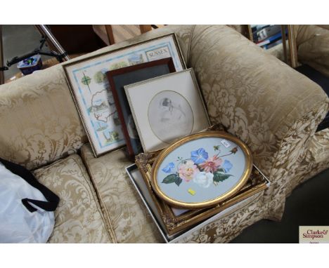 A quantity of various pictures and prints to include oil on canvas depicting a river scene contained in gilt ornate frame; a 