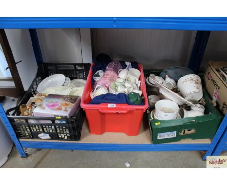 Three boxes of various miscellaneous glass and china to include a Goebel figure etc.
