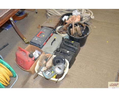 A large quantity of sundry workshop items including petrol cans, tool boxes, hand tools, nails etc.