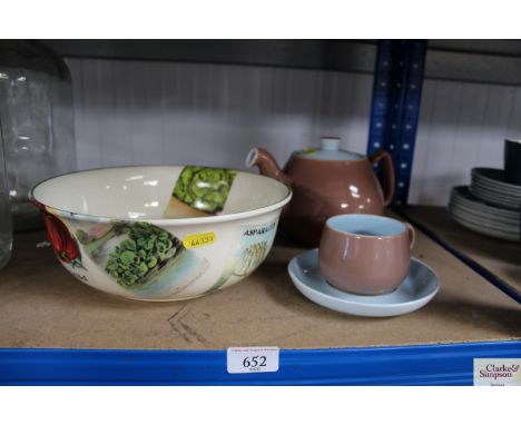 A Poole pottery salad bowl together and a Denby Langley ware teapot with matching cup and saucer