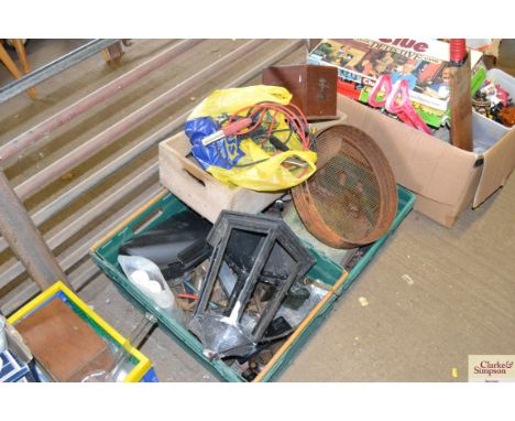 Three boxes containing various tools, jump leads, oil cans, garden sieve etc.