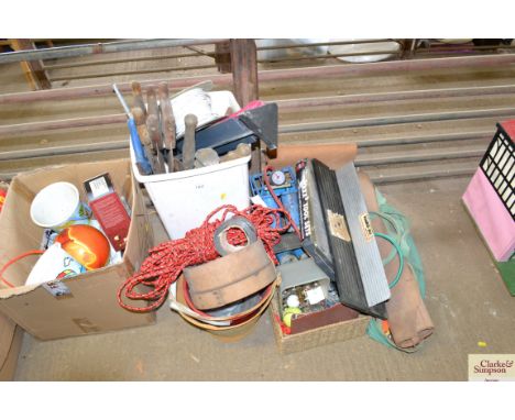 A quantity of tools including a ladder stand, foot pump, rope, garden sieve, various saws etc.