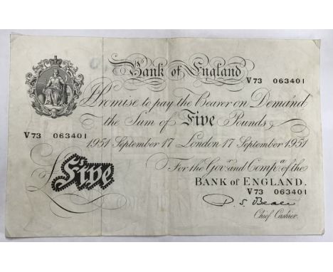 Bank of England 1951 Five Pound Note, London Prefix V73 063401, dated 17th September 1951. Two small over stamps and one fain