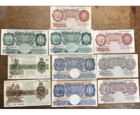 Bank of England &pound;1 &amp; 10 Shilling Banknotes, includes N. K. Warren Fisher, K. Peppiatt, P. S. Beale &pound;1 &amp; 1
