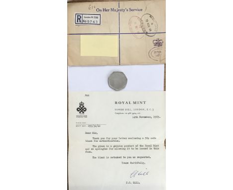 Rare Royal Mint Error no strike 1969 50p with letter of authentication from the Royal Mint dated 14th November 1969, indicati