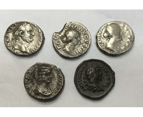 Five Roman Coins 4 Silver Denarius of Vespasian (Augural &amp; Pontifcal emblems reverse), 2 x Faustian Junior, Julia Mamaea 