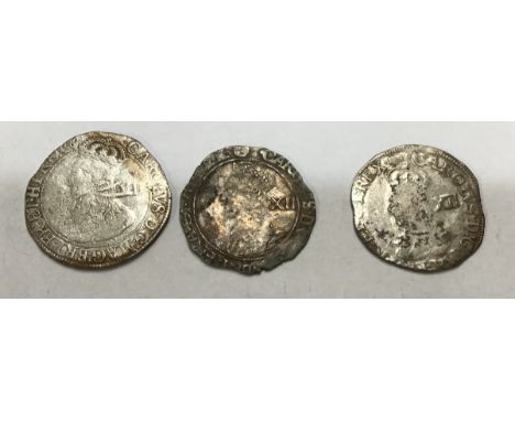 Three Charles I Shillings, mm Harp 1632-3, mm Tun 1636-8 &amp; mm Triangle in Circle 1641-3.