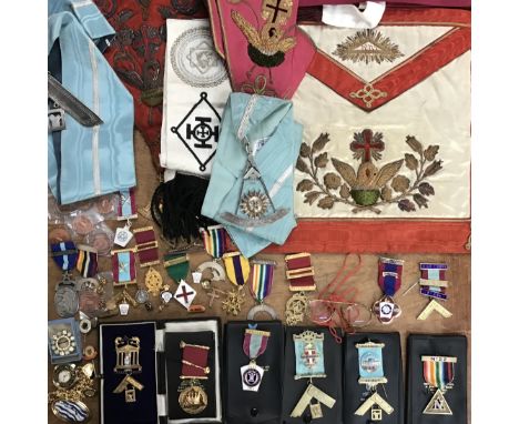 Large collection of early to mid 20th century Masonic Ephemera to include early 20th century sashes and embroidered aprons. M