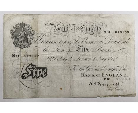Bank of England K. Peppiatt July 4th London 1947 £5 Banknote,  Prefix M61 016159.  Condition, folds and stains, small tears w