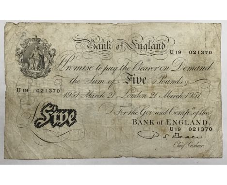 Bank of England P.S Beale 1951 March 21 London £5 Banknote,  Prefix U19 021370.  Condition, folds and stains, small tears wit