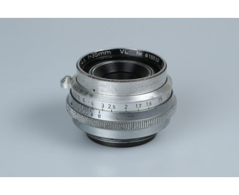 A Steinheil Munchen Orthostigmat VL f/4.5 35mm Lens,LTM, chrome, serial no. 615513, body, F, elements, VG, some light interna