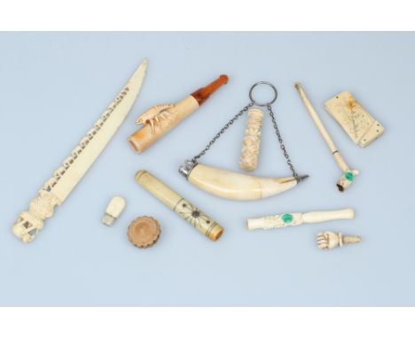 A Collection of 19th Century Objects of Virtue,including a Dutch ivory snuff box, a meershaum and amber cheroot holder, an iv