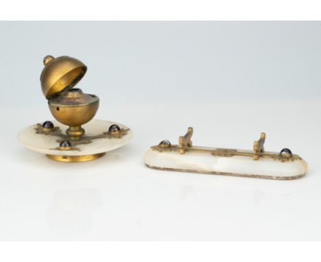 Victorian alabaster and gilt metal mounted desk setwith banded agate cabochons, comprising a pen stand and orb ink well 12.5 