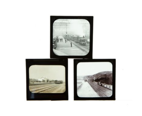 Three Early Railway Magic Lantern Slides,one showing the interior of Victoria Station, each 8 x 8 cm (3)