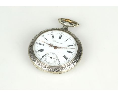 A Continental Crown-Wind Chronometer Fob watchthe white metal case (believed to be continental silver) with repoussÃ© decorat