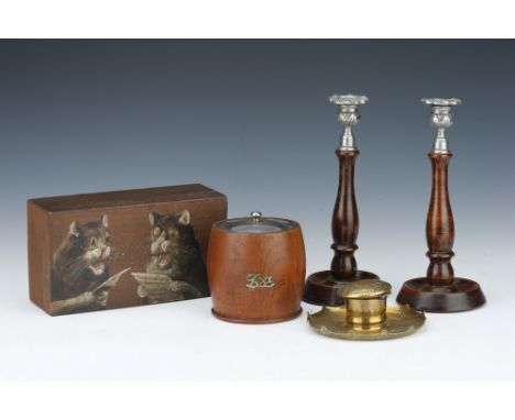 A Collection of Edwardian and Later Curiosities,including an Edwardian brass inkwell, an Art Deco oak tea caddy, a pair of 19
