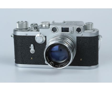 A Leotax F Rangefinder Camera,chrome, serial no. 257241, with Canon f/1.8 50mm lens, body, G-VG, shutter working, lens, VG, s