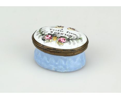 A Bilston enamel oval patch box circa 1790, A Trifle from NorwichThe floral decorated lid with internal mirror surmounts a ha