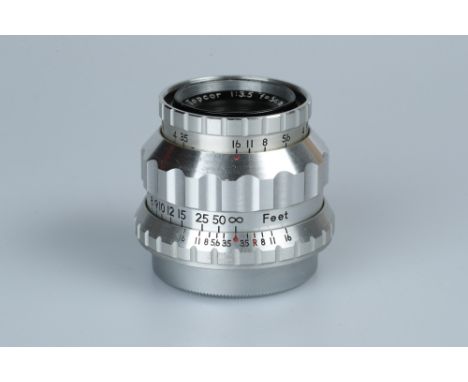 A Tokyo Kogaku Topcor f/3.5 50mm Lens,LTM, chrome, serial no. 582930, body, VG, elements, VG, some light cleaning marks Note: