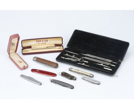 A Collection of Pen Knives and Drawing Equipment,including a Victorinox anodised example, a keyring example with buttonhook, 