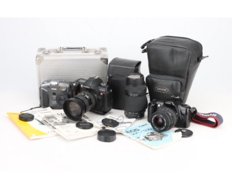 A Mixed Selection of Cameras,including a Fujifilm Finepix S2 Pro, a Nikkor 28-70mm f/3.5-4.5 D lens, a Canon EOS 500, a Sigma