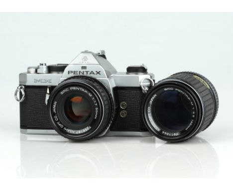 A Pentax MX 35mm SLR Camera Outfit,chrome, body G, shutter working but sticks on 1/4s and below, battery terminal cover jamme