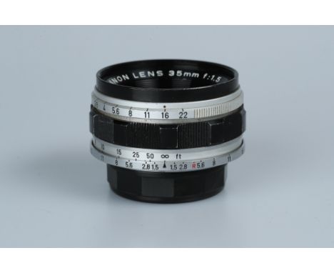 A Canon f/1.5 35mm Lens,screw mount, serial no. 10015, body, F-G, elements, VG, some very light marks