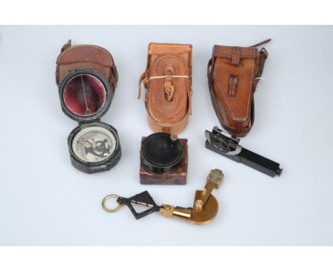 Collection of Surveying Equipment,comprising of a simple pocket sextant in a leather case with owners details inked to the in