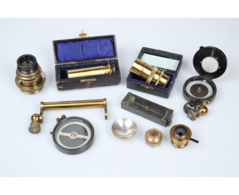 Small Collection of Scientific Instruments,consisting of a compass by Stanley, London, an unmarked compass, various microscop