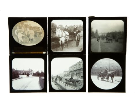 A Good Selection of Horse-Drawn Cart Magic Lantern Slides,including one titled 'Brockham Green, Surrey'featuring a gypsy fami