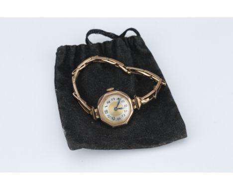 A 9 ct Gold Art Deco Octagonal Trench Style Watch,with Sapho Watch Co. movement, on expanding 9 ct gold expanding bracelet 16