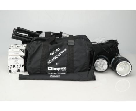 A PortaFlash 336M Studio Flash Outfit,black, untested, together with a Climpex England lighting support kit,
