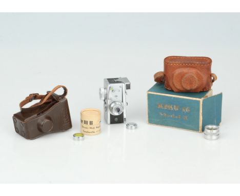 A Steky Subminiature Camera,chrome, shutter working, with makers case, also with a boxed Steky III B Yellow filter, together 