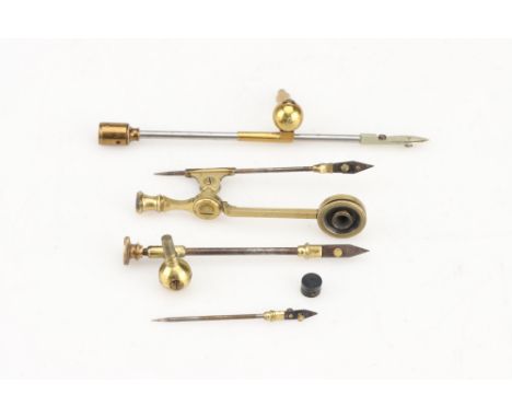 A Compass Microscope and Stage Forceps,18th century compass microscope in laquered brass with articulated specimen forceps an