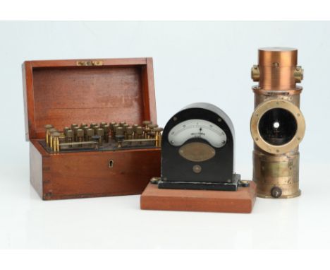 Electrical Test Equipment,including a milliamp meter by Elliot, a mirror galvanometer in a cast brass case, a Wheatstone brid