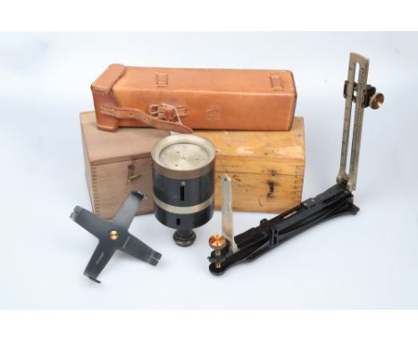 A Collection of Surveyors Equipment,comprising of a cross staff engraved Stanley London, in a wooden case with a label to the
