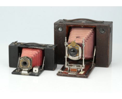 A Kodak No.4 Cartridge Camera,brown, body G, shutter untested, together with a Kodak Folding Pocket Brownie, both untested,