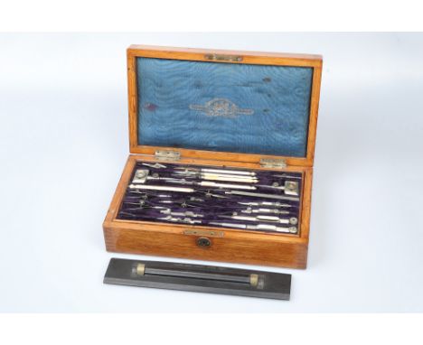 A Victorian Draughtsman's Set By Stanley, London,English, c.1900, stamped in gold to the inside of the lid 'STANLEY, Great Tu