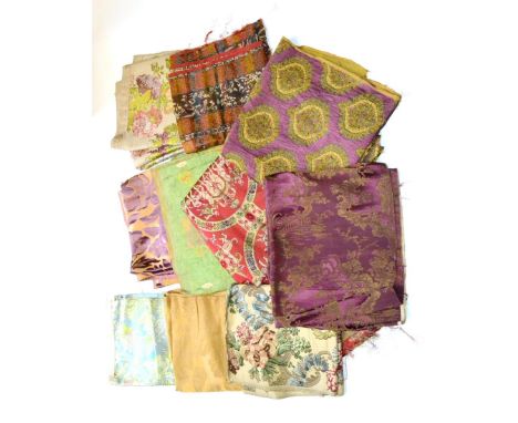 Assorted 19th Century and Later Silk and Brocade Fabric Samples, including a plum and gold woven chinoiserie decorated length